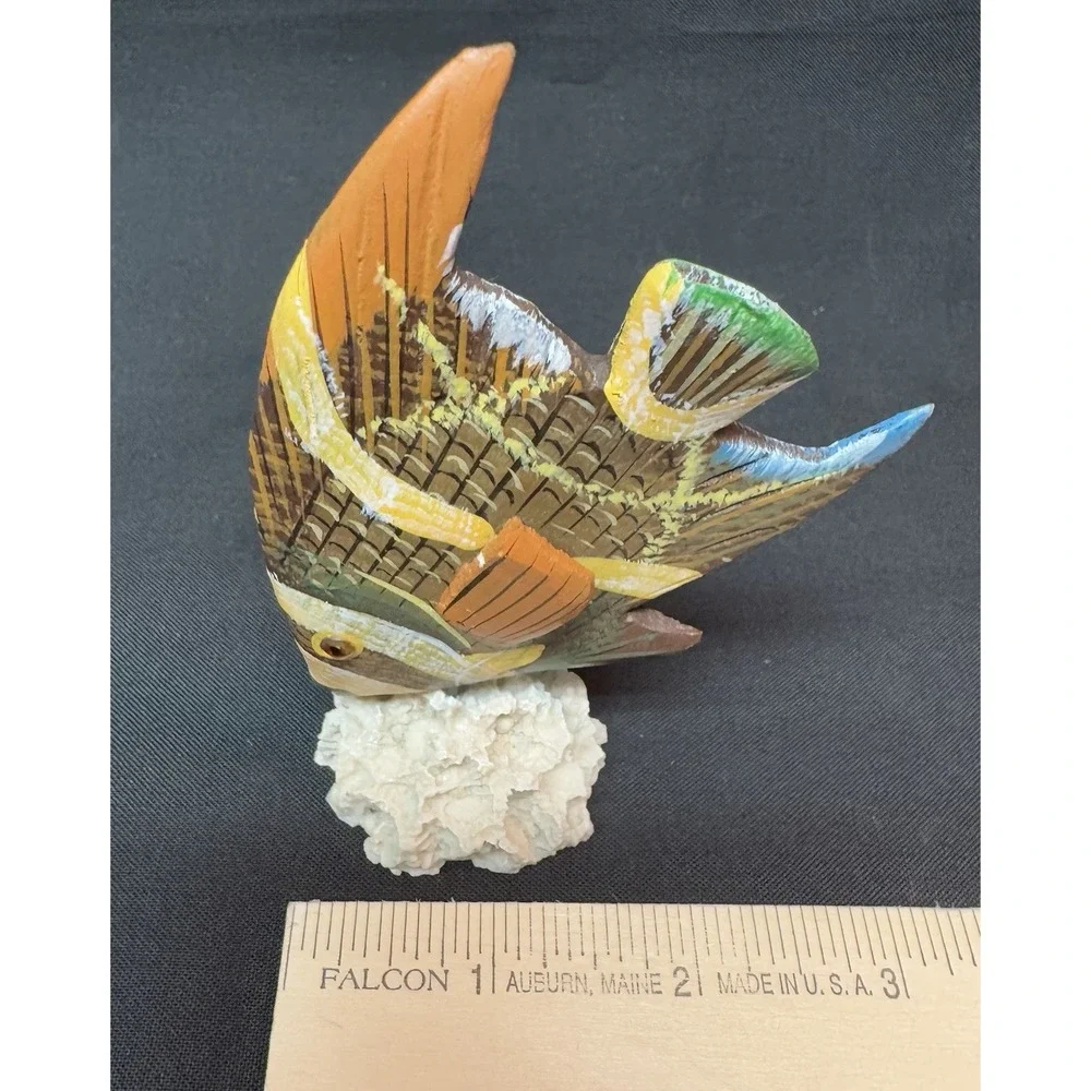 Hand Carved & Painted Wooden Angel Fish Mounted On Faux Natural Coral 4